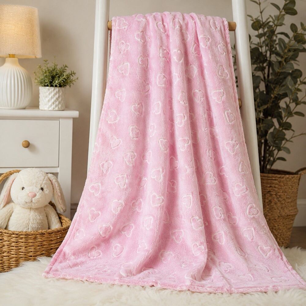 Luxury Collection Papier Pink Embossed Hearts Plush Baby Blanket 5x4 Soft